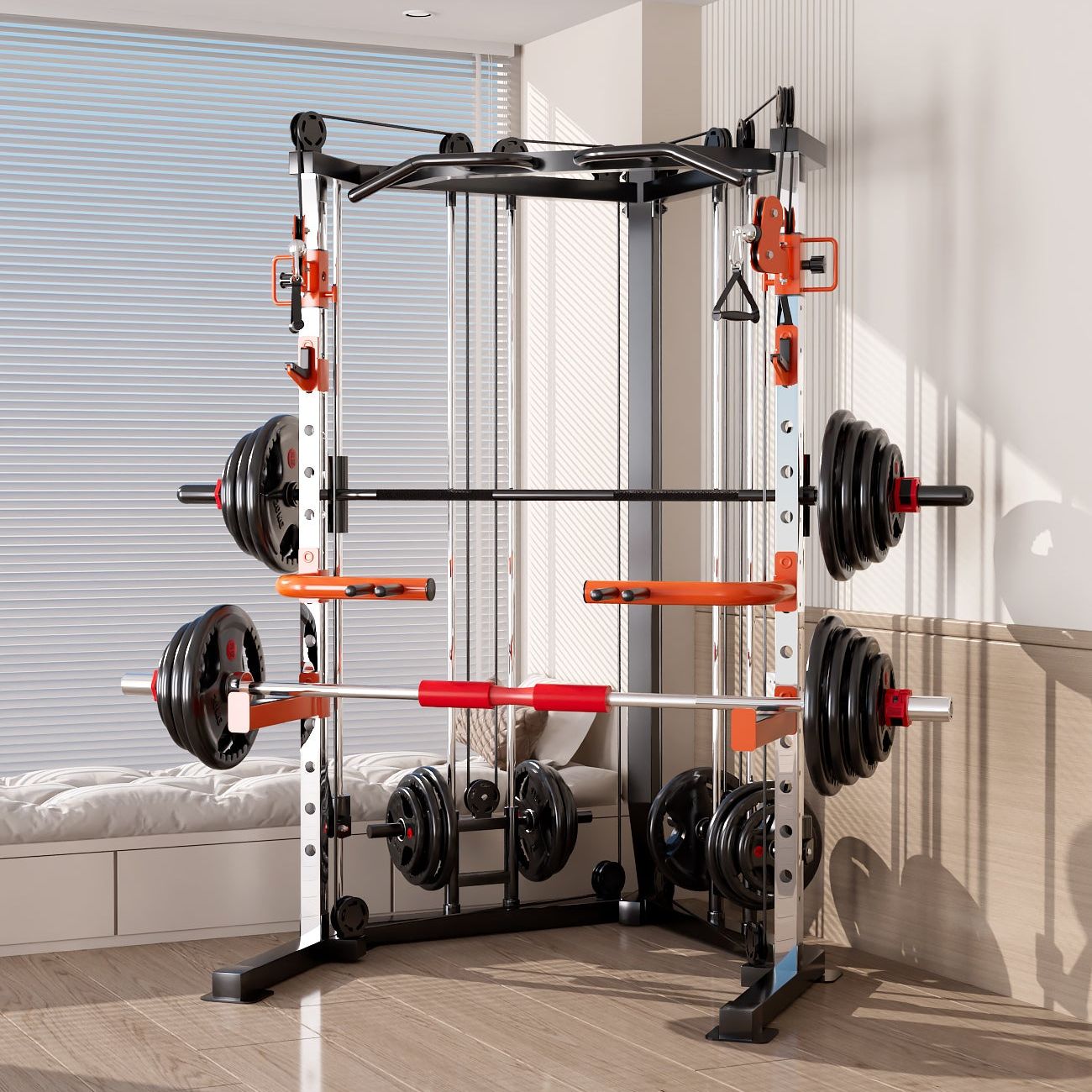 SmartFit C1 Max Multi Functional Cable Crossover Station 130kgs Pin Loaded  Machine + Multi Func Bench+7Ft Olympic Barbell + 100kgs Weights