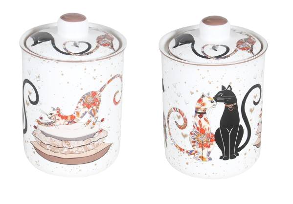 Cat Couple Embossed Canisters — Bone China Storage Set + Matching Napkins