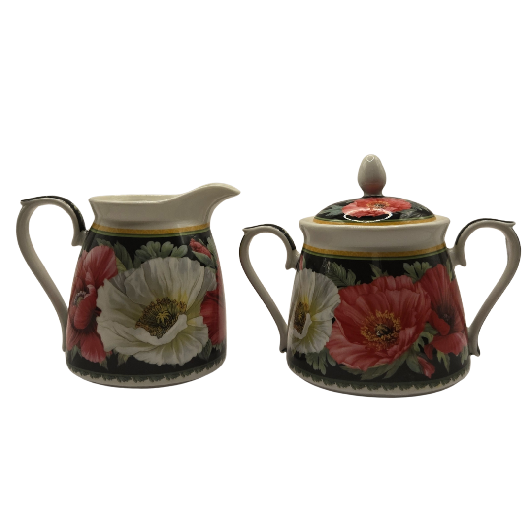 Poppies-on-Black Fine Bone China Milk &amp; Sugar Bowls (Set of 2)