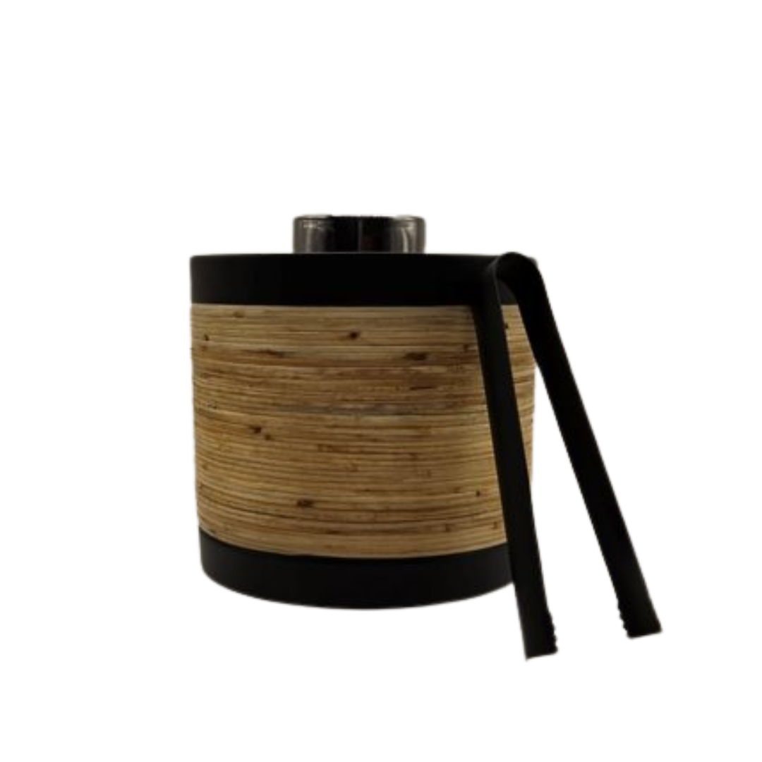 Plantation Ice Bucket with Tongs - Matte Black &amp; Rattan | Stainless Steel Barware
