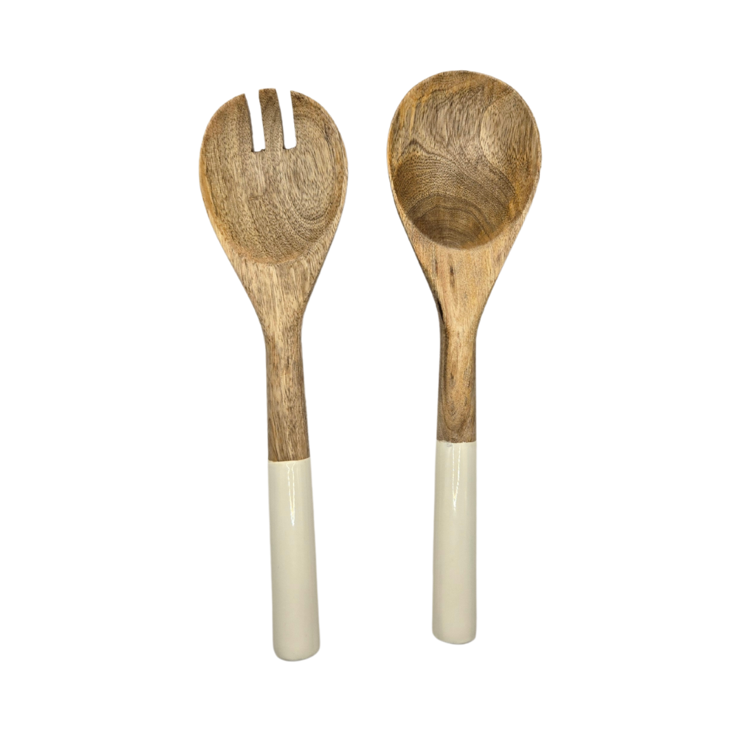 Handcrafted Mango Wood &amp; Enamel Salad Server Set - Sustainable Serving Utensils
