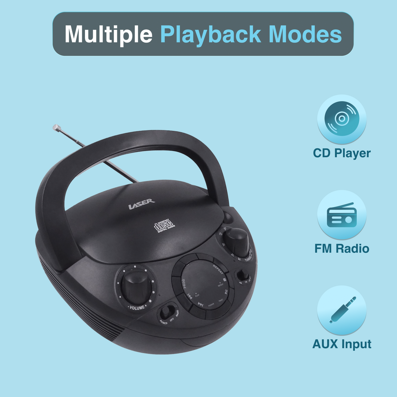 Laser Black Portable CD Boombox with AM/FM Radio