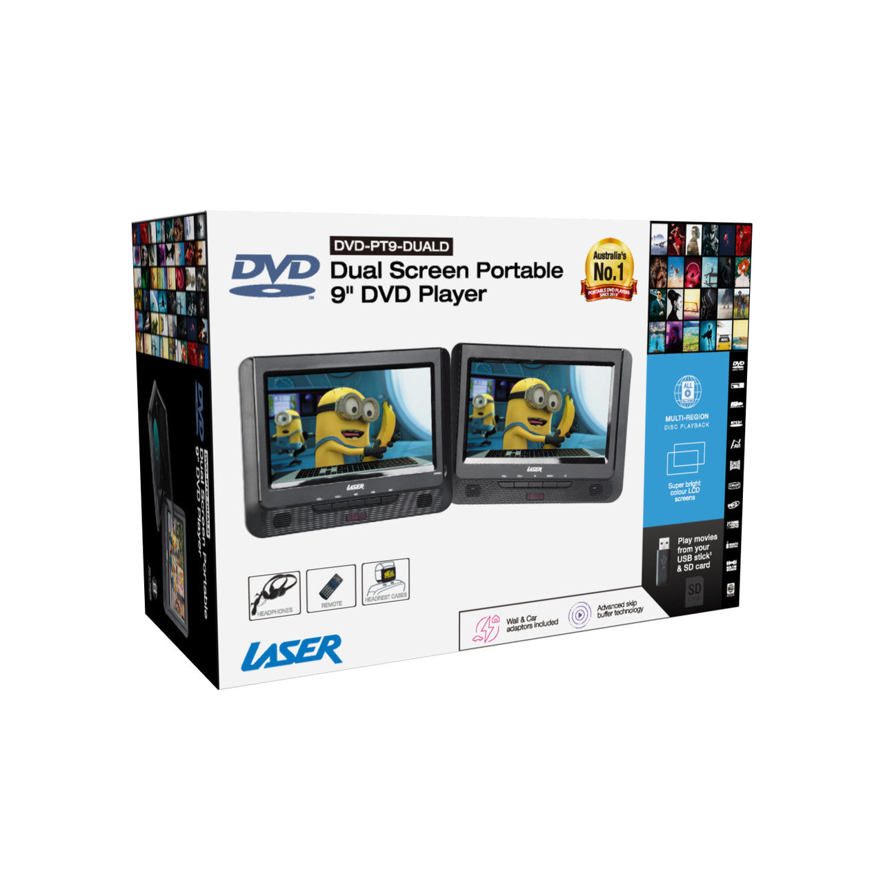 Laser 9 Inch Dual Screen DVD Player Black