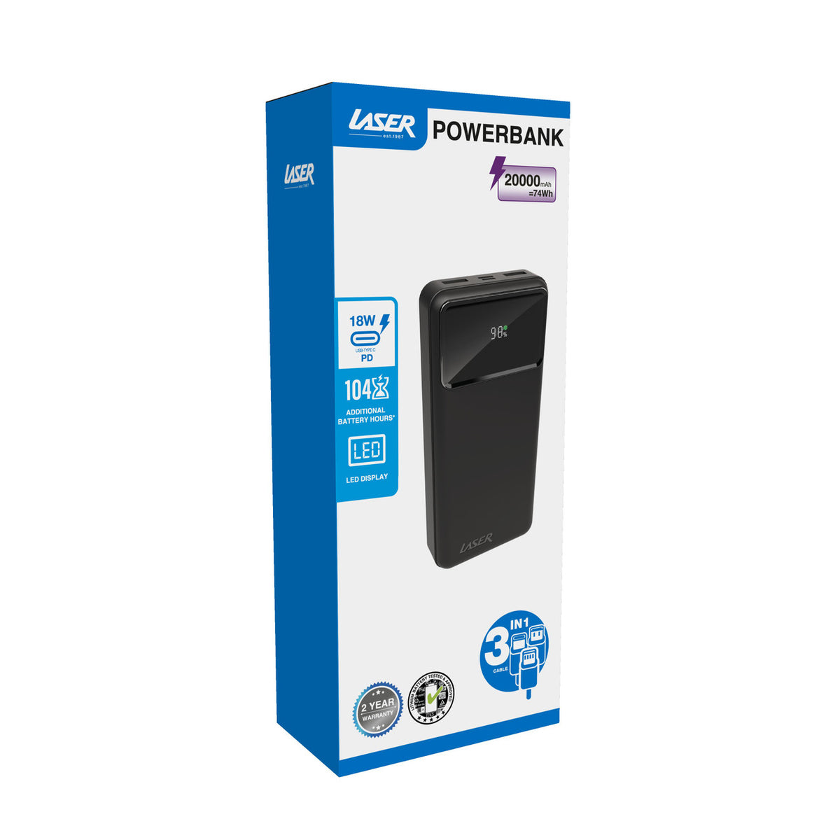 Laser 20000mAh Powerbank 18W PD with LED Black