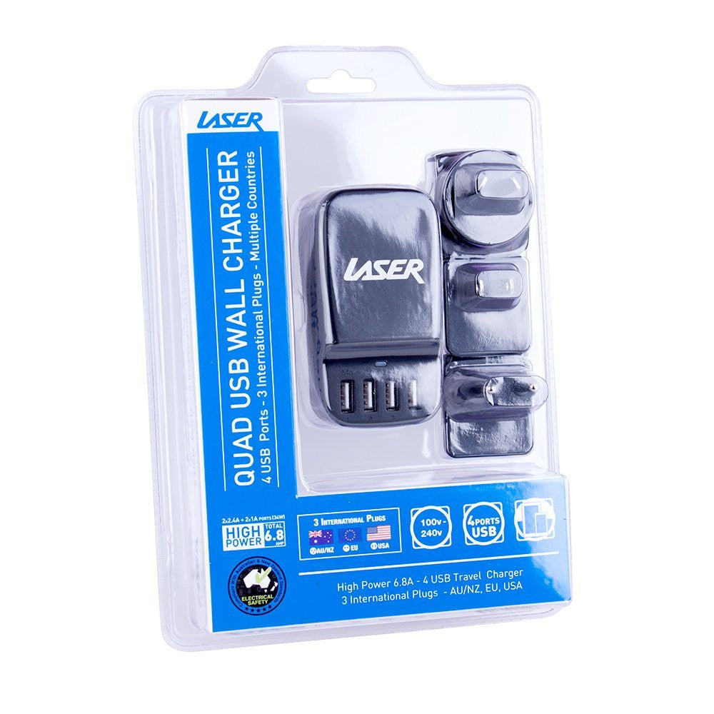Laser 4-Port USB Travel Charger with Global Adapters