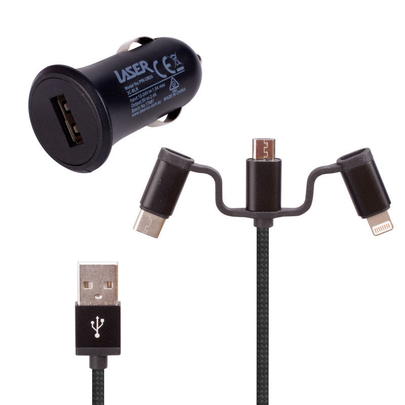 Laser USB Car Charger Black with 3-in-1 Cable: Micro USB, Type-C