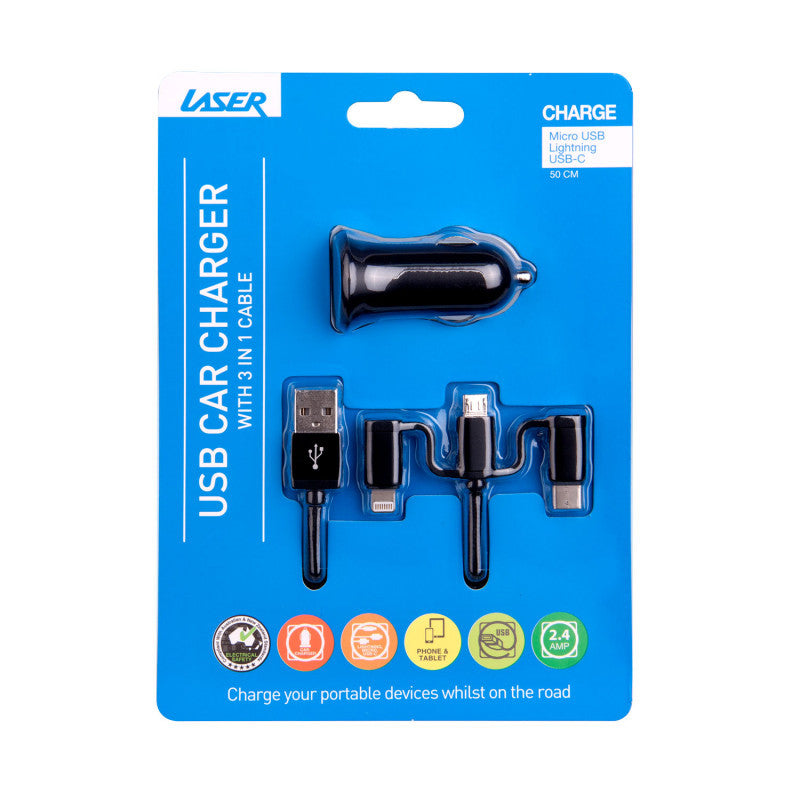 Laser USB Car Charger Black with 3-in-1 Cable: Micro USB, Type-C