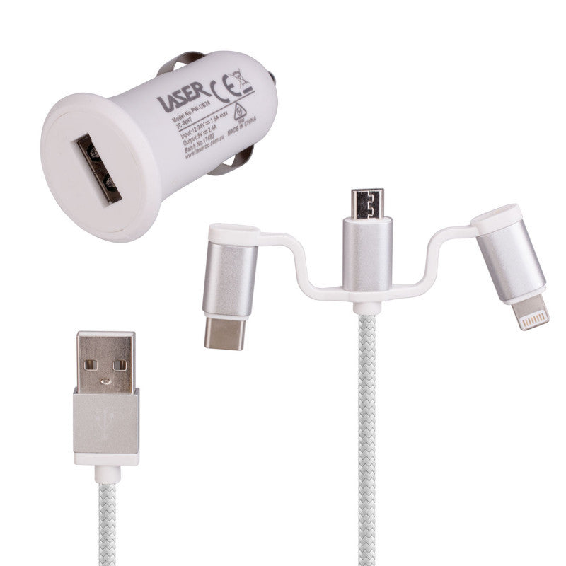 Laser USB Car Charger with 3-in-1 Cable White