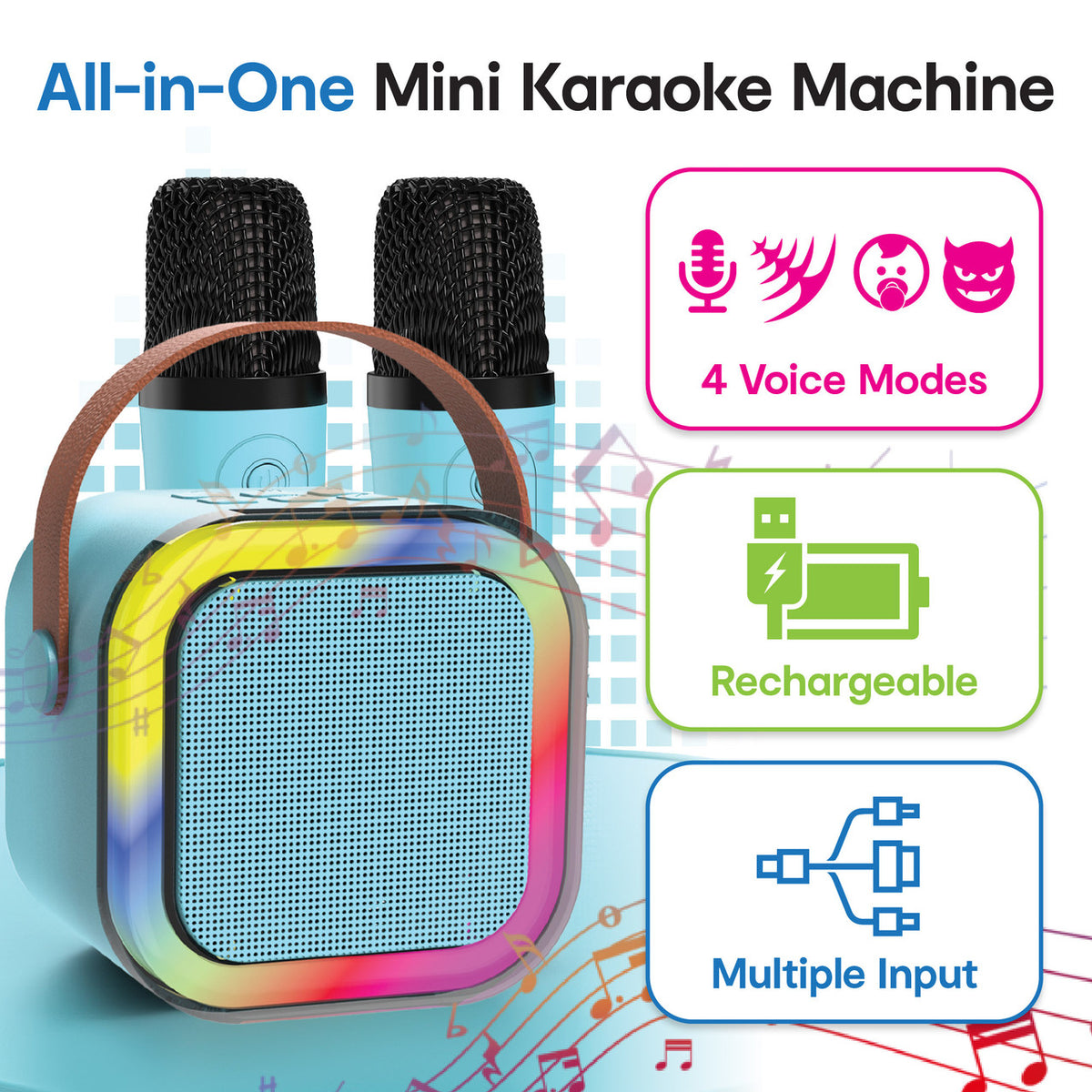 Laser Mini Karaoke Speaker with 2 Wireless Mics - Blue