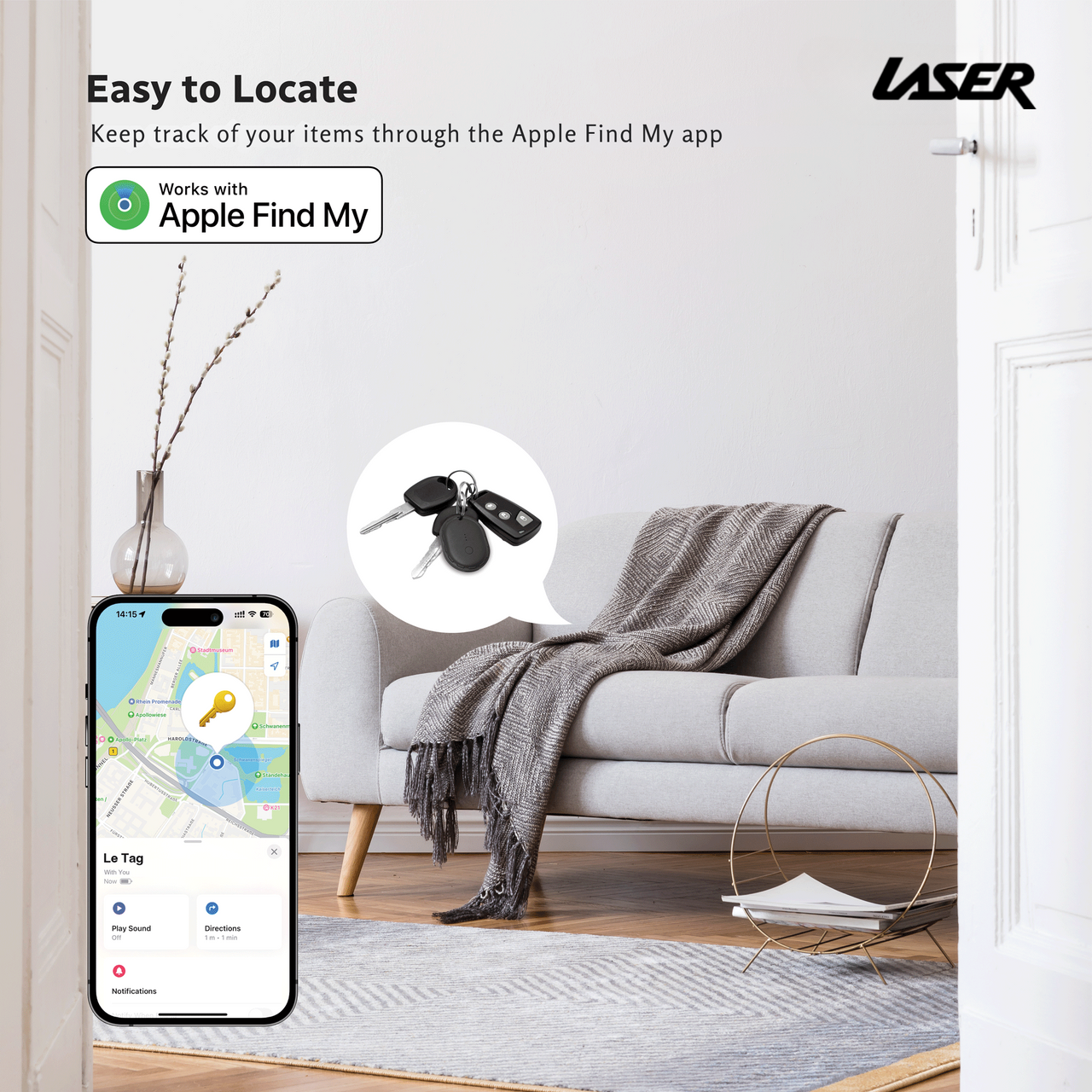 Laser Mini Smart Tag with Apple Find My Tracking Black