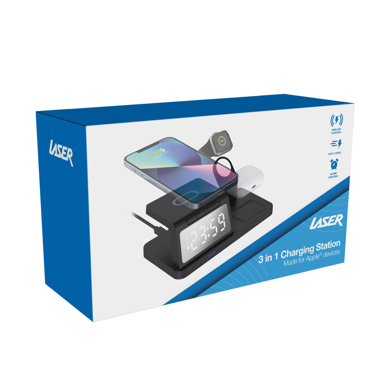 Laser 3-in-1 Wireless Charging Station with Alarm Clock - Black