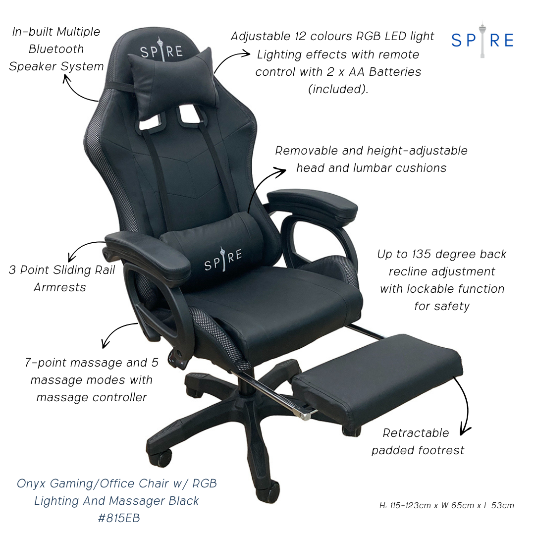Spire Onyx Gaming/Office Chair w/ RGB Lighting And Massager Black 815EB