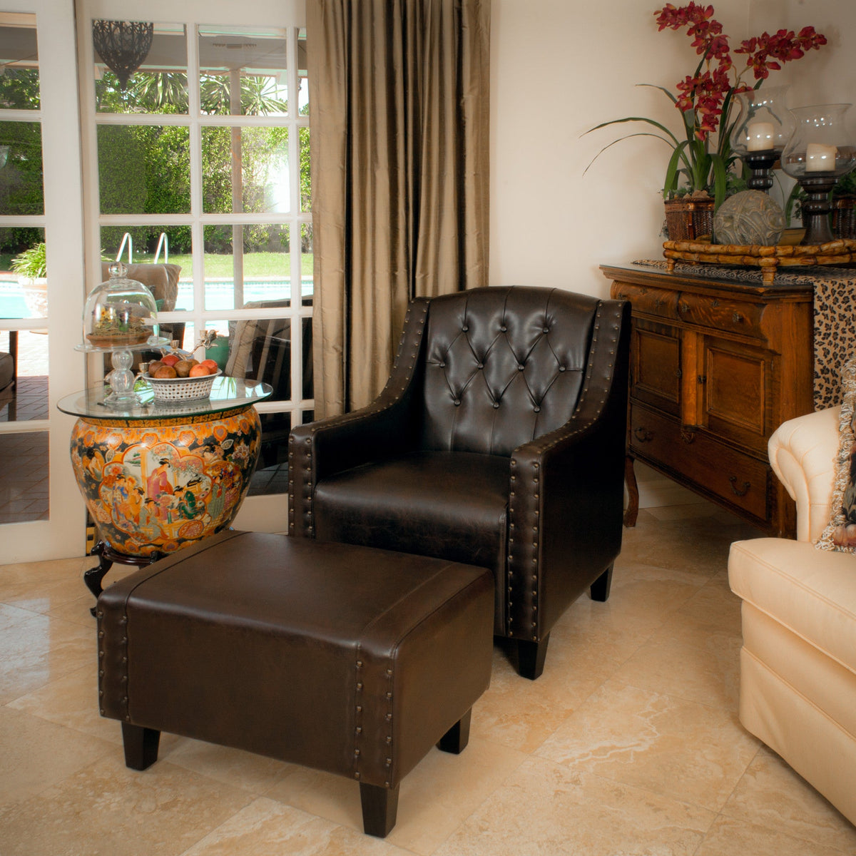 Coogee Bonded Leather Armchair &amp; Ottoman in Brown