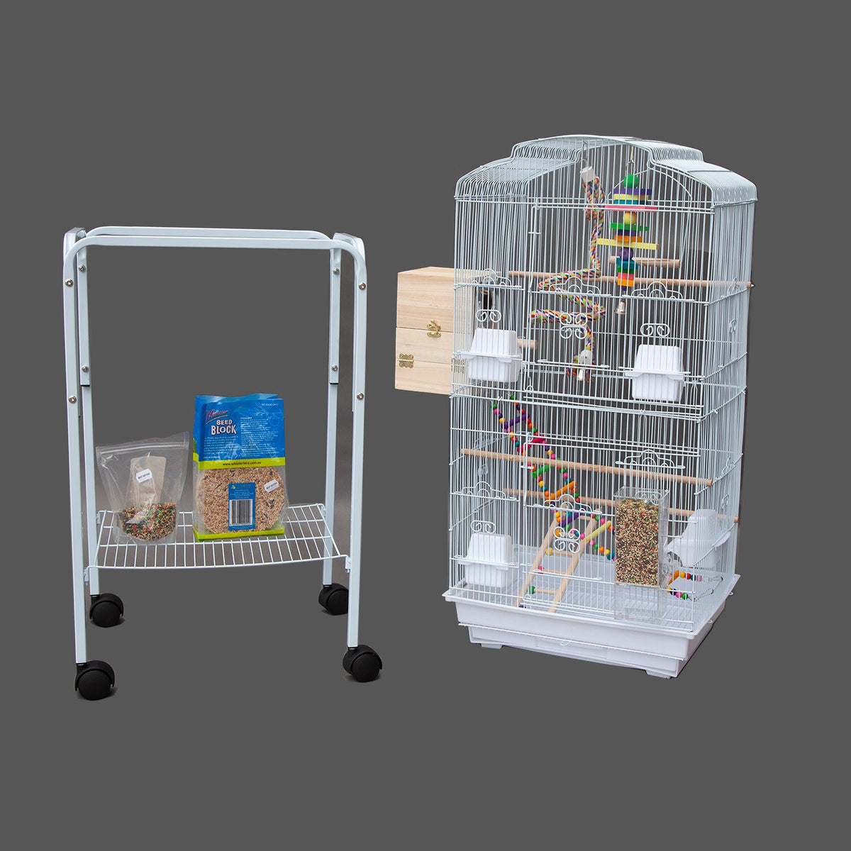 Samland DOME TOP HIGH BIRD CAGE ON STAND WITH PLAY TOYS WHITE