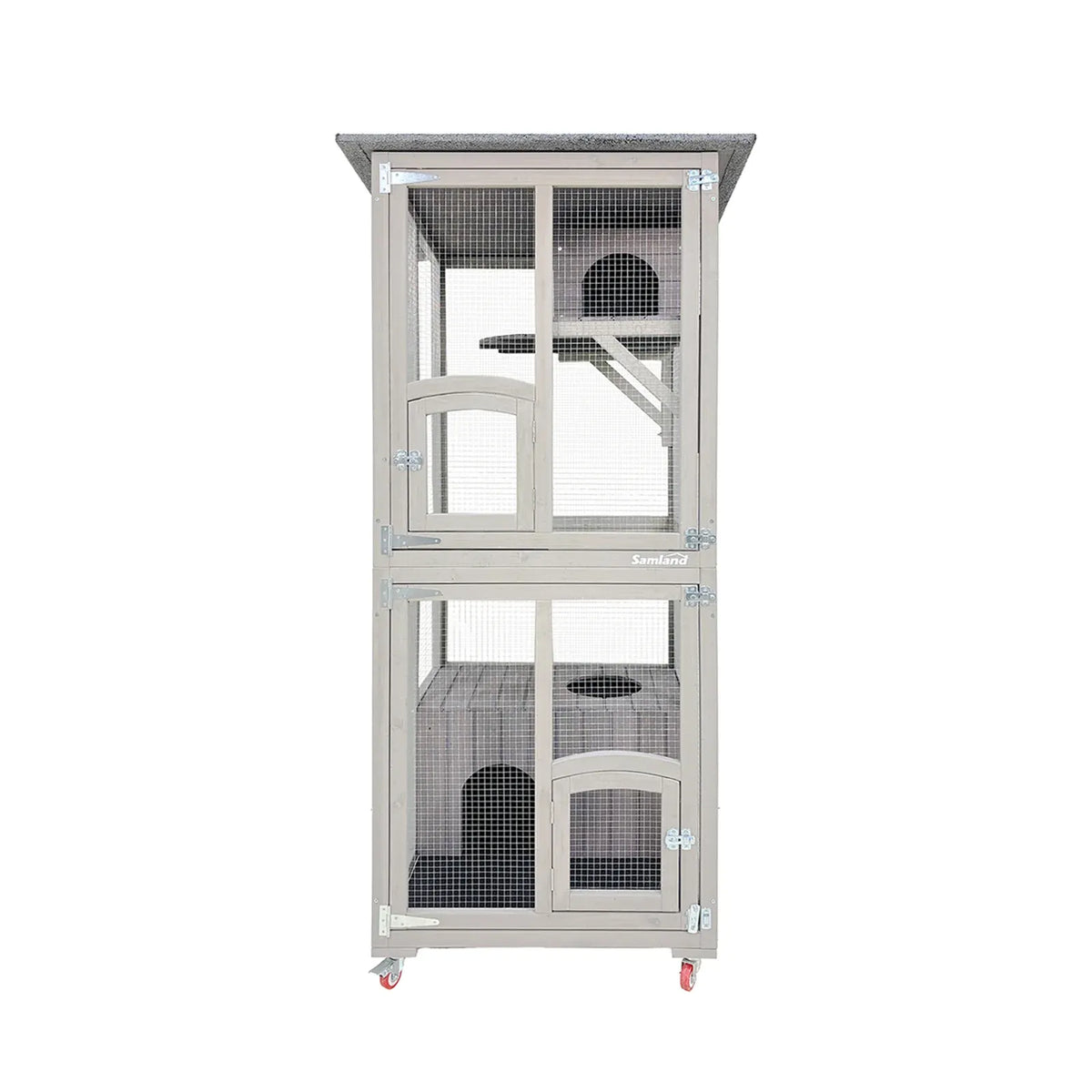 Samland Outdoor Wooden Cat Enclosure Catio with Wheels, Double Cat Houses &amp; Roof