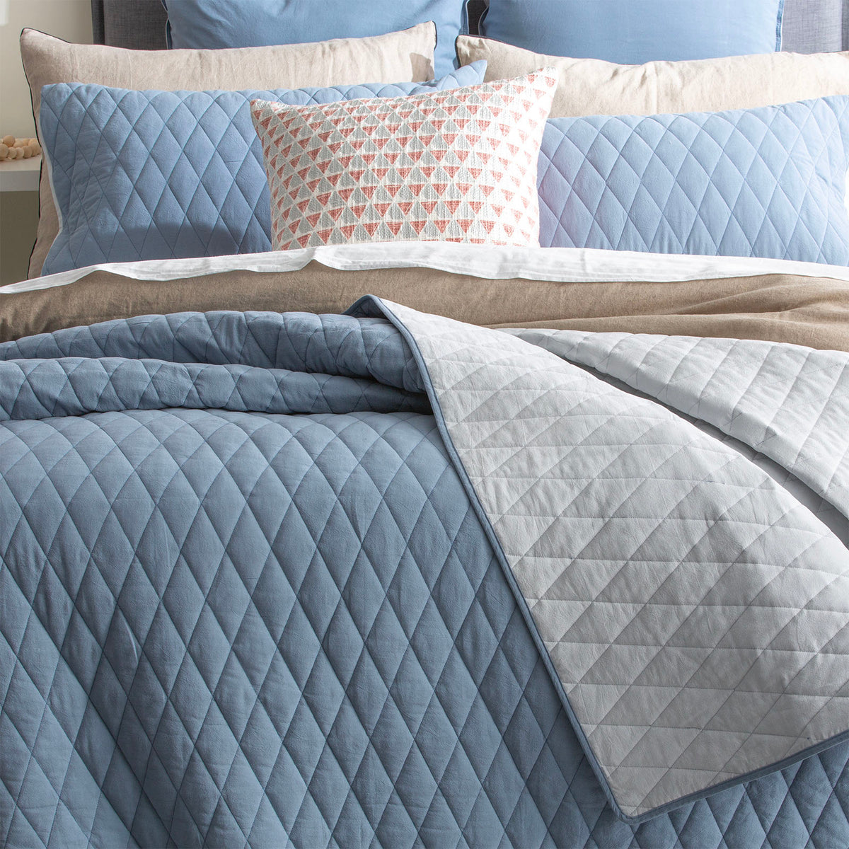 Diamante Vintage Stone Washed Cotton Reversible Quilted Blue Coverlet Set by Renee Taylor