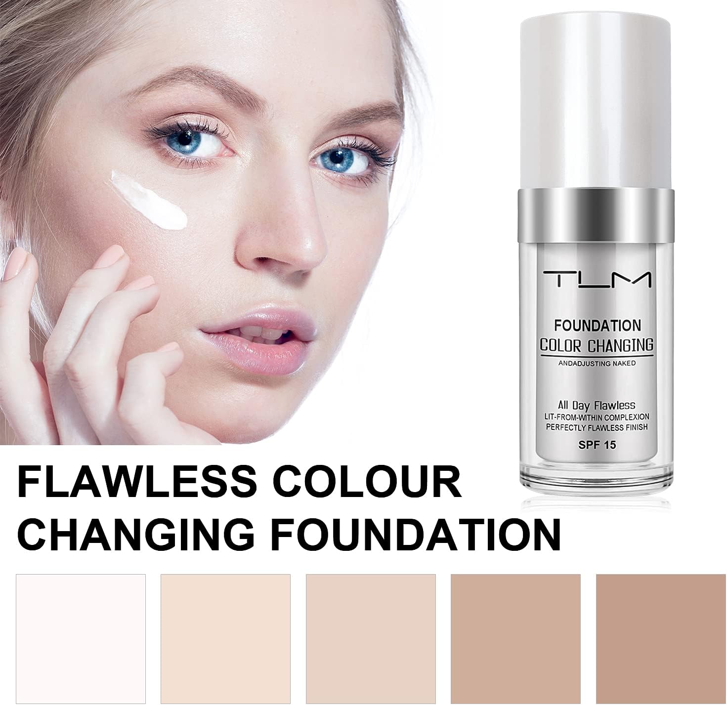 ReviGLam TLM Colour Changing Liquid Foundation Hides Wrinkles & Lines, BB Cream Makeup Base Concealer Cover Moisturizing Fluid for all Skin Tone SPF15, Pack of 1