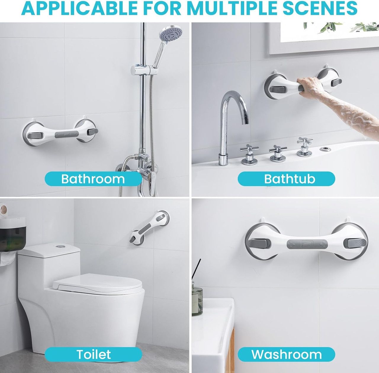 Shower Grab Bar, 2 Pack 12 Inch Suction Grab Bars for Bathtubs and Showers for Elderly, Shower Handle for Seniors Bathroom Safety Grip, No Drilling Removable,Grey