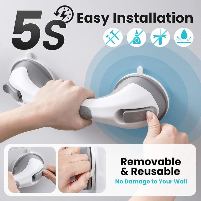 Shower Grab Bar, 2 Pack 12 Inch Suction Grab Bars for Bathtubs and Showers for Elderly, Shower Handle for Seniors Bathroom Safety Grip, No Drilling Removable,Grey