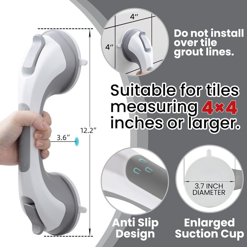 Shower Grab Bar, 2 Pack 12 Inch Suction Grab Bars for Bathtubs and Showers for Elderly, Shower Handle for Seniors Bathroom Safety Grip, No Drilling Removable,Grey