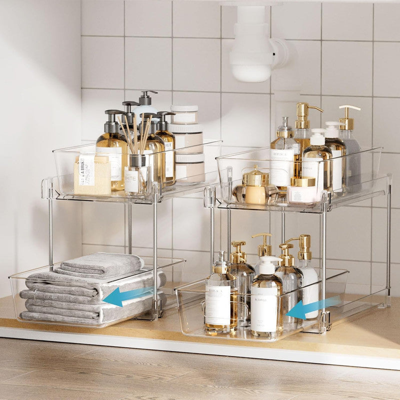 2 Pack Bathroom Organizer, 2 Tier Clear Under Sink Organizers Vanity Countertop Storage Container,Cabinet Drawers Bins, Pull-Out Organization with Track for Pantry, Kitchen