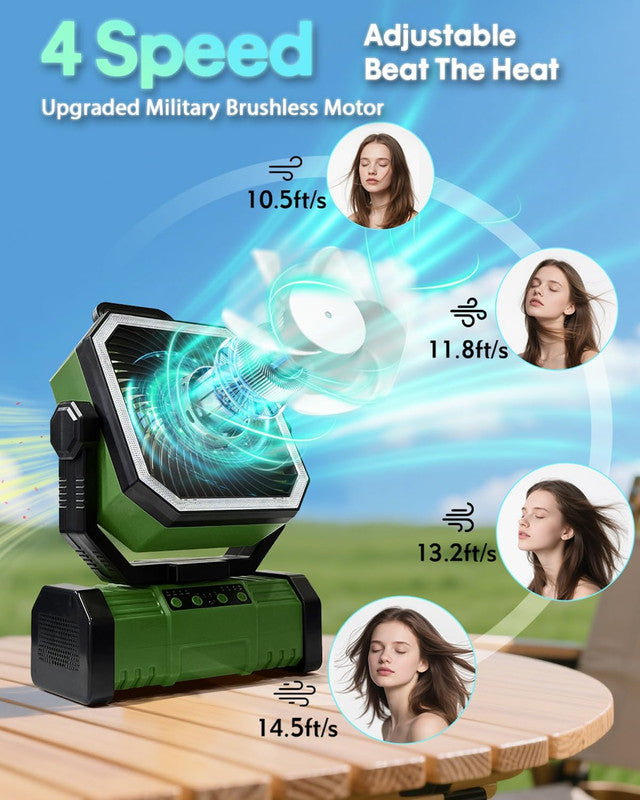 20000mAh Portable Camping Fan, Rechargeable Battery Operated Oscillating Camp Tent Fan W/Remote control, 4 Speeds, LED lights & 360° Rotation Hook for Outdoor RV Travel Green