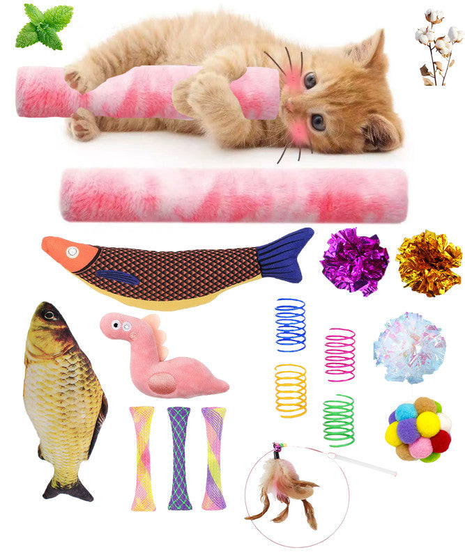 Cat Toys,Interactive Kitten Toy for Indoor Kitty Exercise 14 Piece with Fish Catnip Spiral Spring, Tube, Crinkle Balls Helps Reduce Stress &amp; Provide Anxiety Relief for Cats