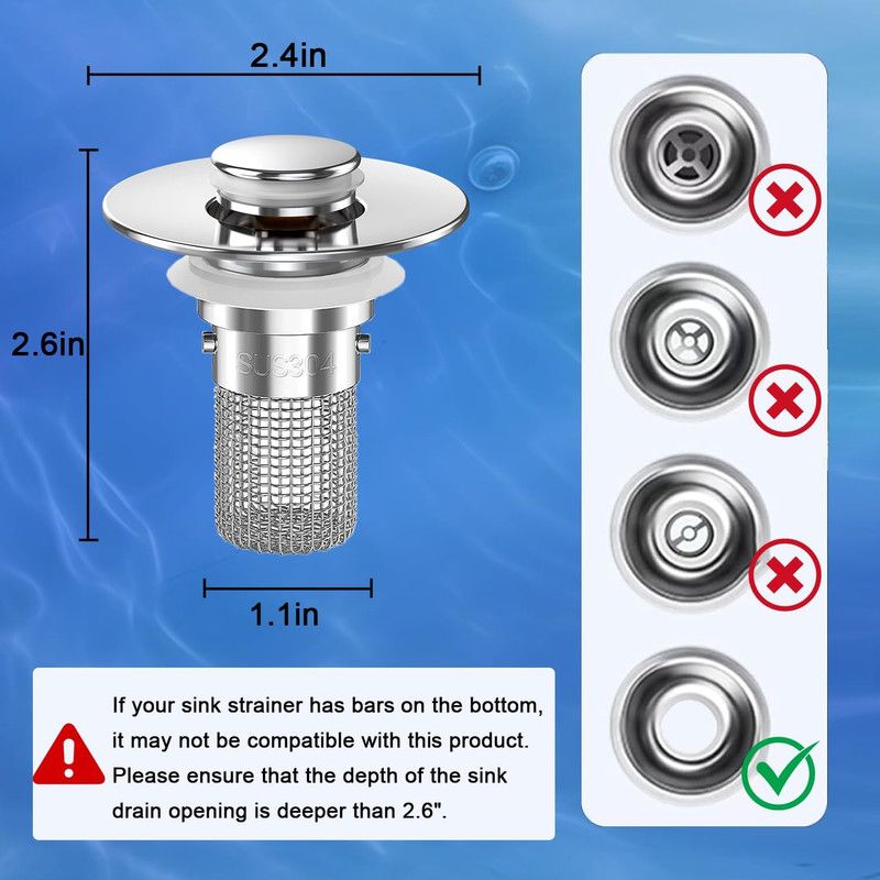 Bathroom Sink Drain Strainer,(2PCS) Pop-up Sink Drain Strainer with Removable Stainless Steel Strainer Basket Hair Catcher, Bathroom Sink Strainer for Bathroom Sink Stopper Replacement