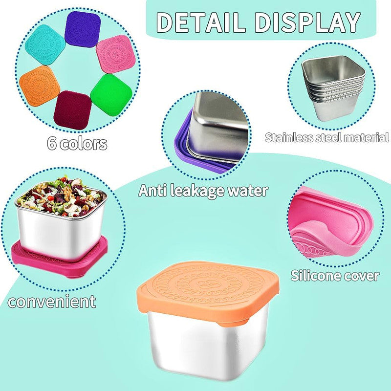 6Pack 6oz Stainless Steel Snack Containers and 2oz Salad Dressing To Go Containers with Silicone Lids, Reusable Square Meal Prep Condiment Sauce Containers Lunch Box