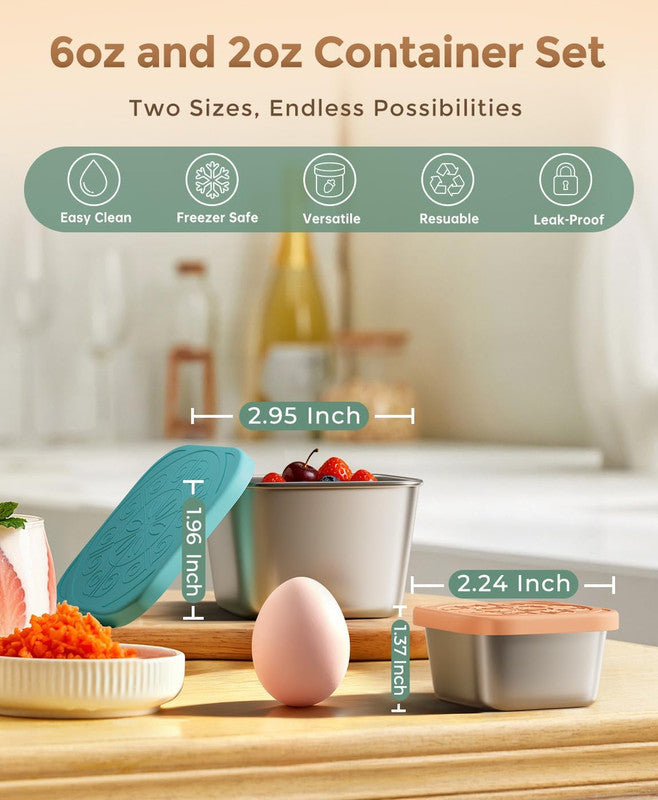 6Pack 6oz Stainless Steel Snack Containers and 2oz Salad Dressing To Go Containers with Silicone Lids, Reusable Square Meal Prep Condiment Sauce Containers Lunch Box