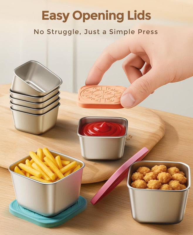 6Pack 6oz Stainless Steel Snack Containers and 2oz Salad Dressing To Go Containers with Silicone Lids, Reusable Square Meal Prep Condiment Sauce Containers Lunch Box