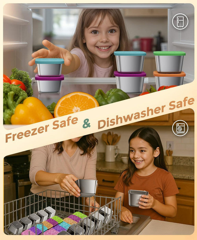 6Pack 6oz Stainless Steel Snack Containers and 2oz Salad Dressing To Go Containers with Silicone Lids, Reusable Square Meal Prep Condiment Sauce Containers Lunch Box