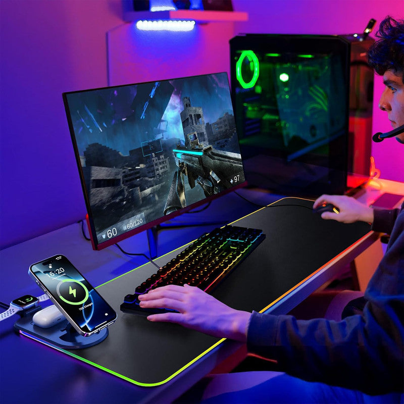 Wireless Charging Mouse Pad 15W RGB Gaming Mousepad Waterproof Desk Mat with Phone Holder 35.4''x11.8'' Extra Large Desk Pad Non-Slip Base Computer Keyboard Mat for PC Laptop, White