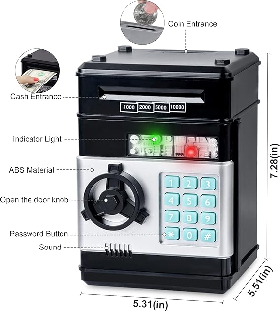 Toys for Kids Ages 5-7, 8-10, Electronic ATM Password Cash Coin Can Auto Scroll Paper Money Saving Box Toys for 6 7 8 9 10 11 12 Year Old Girl Christmas Birthday Gifts black