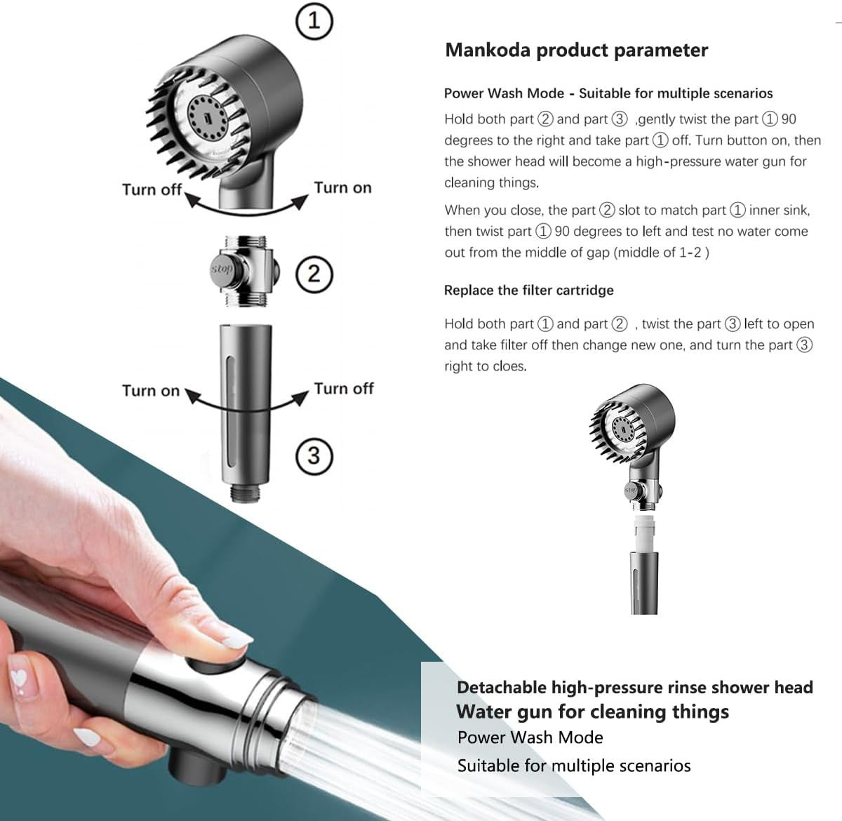 High Pressure Filtered Shower Head - 3 Spray Modes Shower head with Handheld, Detachable Showerhead with 5 Replaceable Water Softener Filters for Hard Water | Shower with 75" Anti-Burst Hose