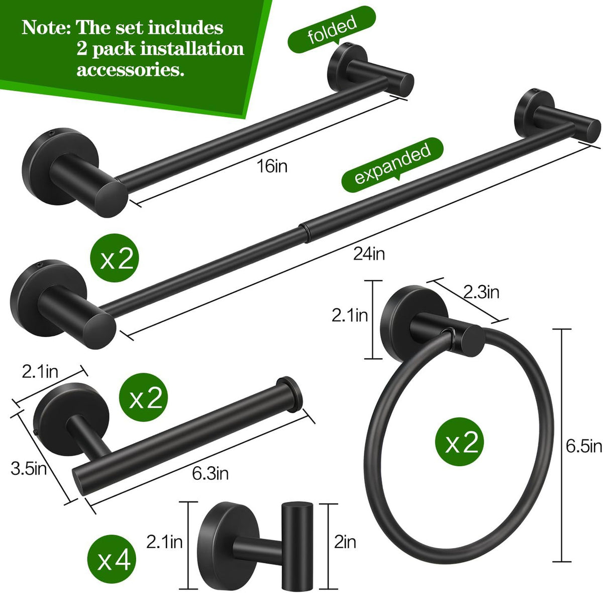 10pcs Matte Black Bathroom Hardware Set, Including 2pcs 24in Retractable Hand Single Towel Bar with 2pcs Toilet Paper Holders, 2pcs Towel Rings 4pcs Multifunctional Robe Hooks