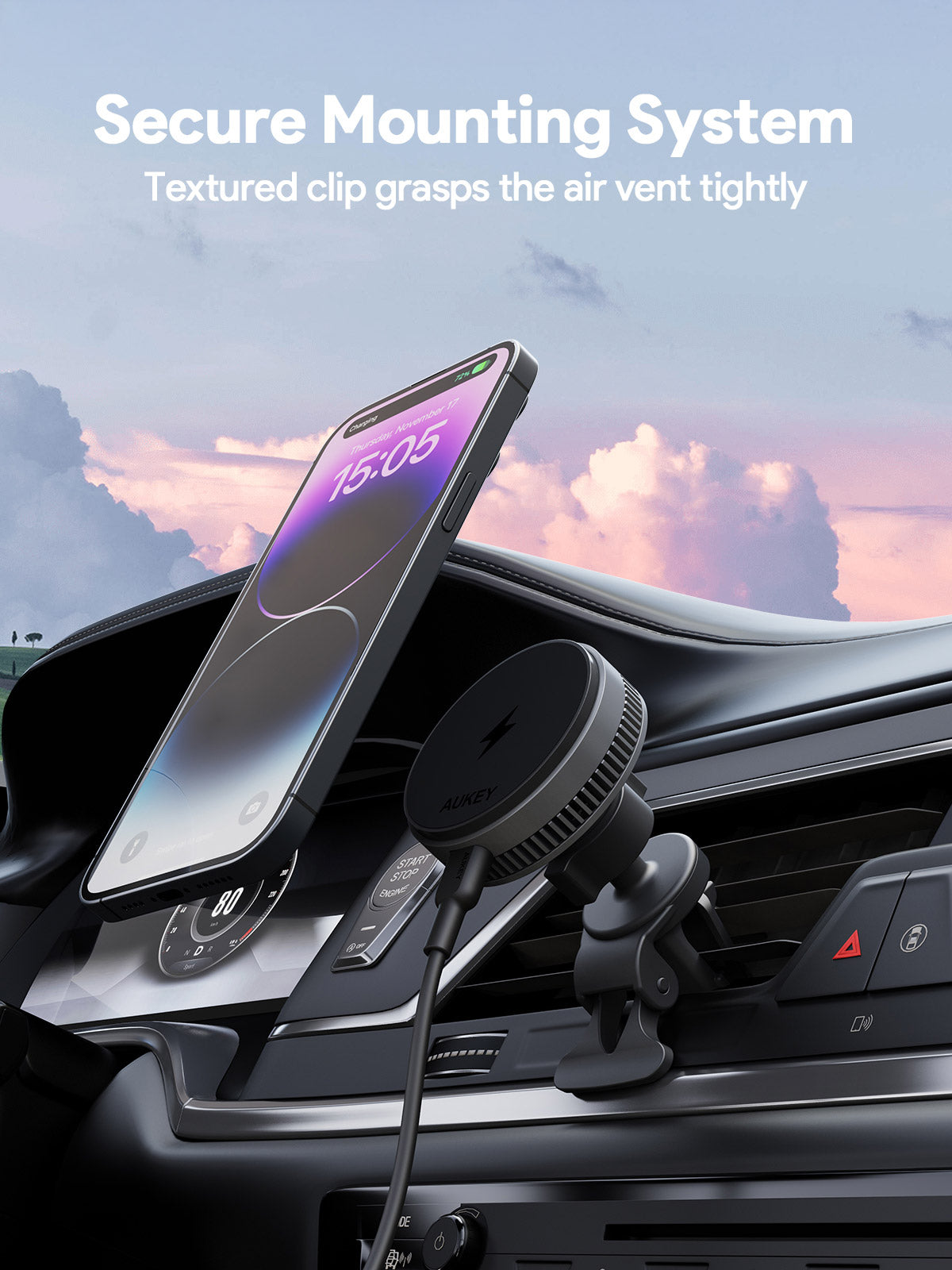Aukey MagFusion Dash Pro Qi2 Magnetic Fast Wireless Charging Phone Mount with Active Cooling (HD-MC13A)