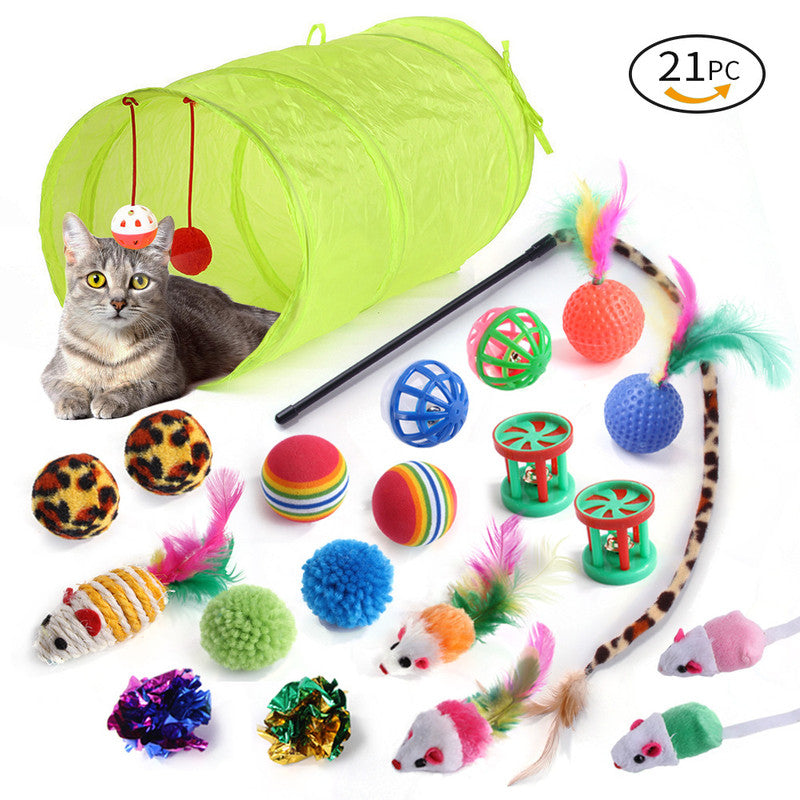 Pet Toy Super Set (21 Pcs) - Cat Tunnel, Teaser, Mice, Jingle Balls, &amp; Pom Poms. (Note: accessory colors are shipped randomly).