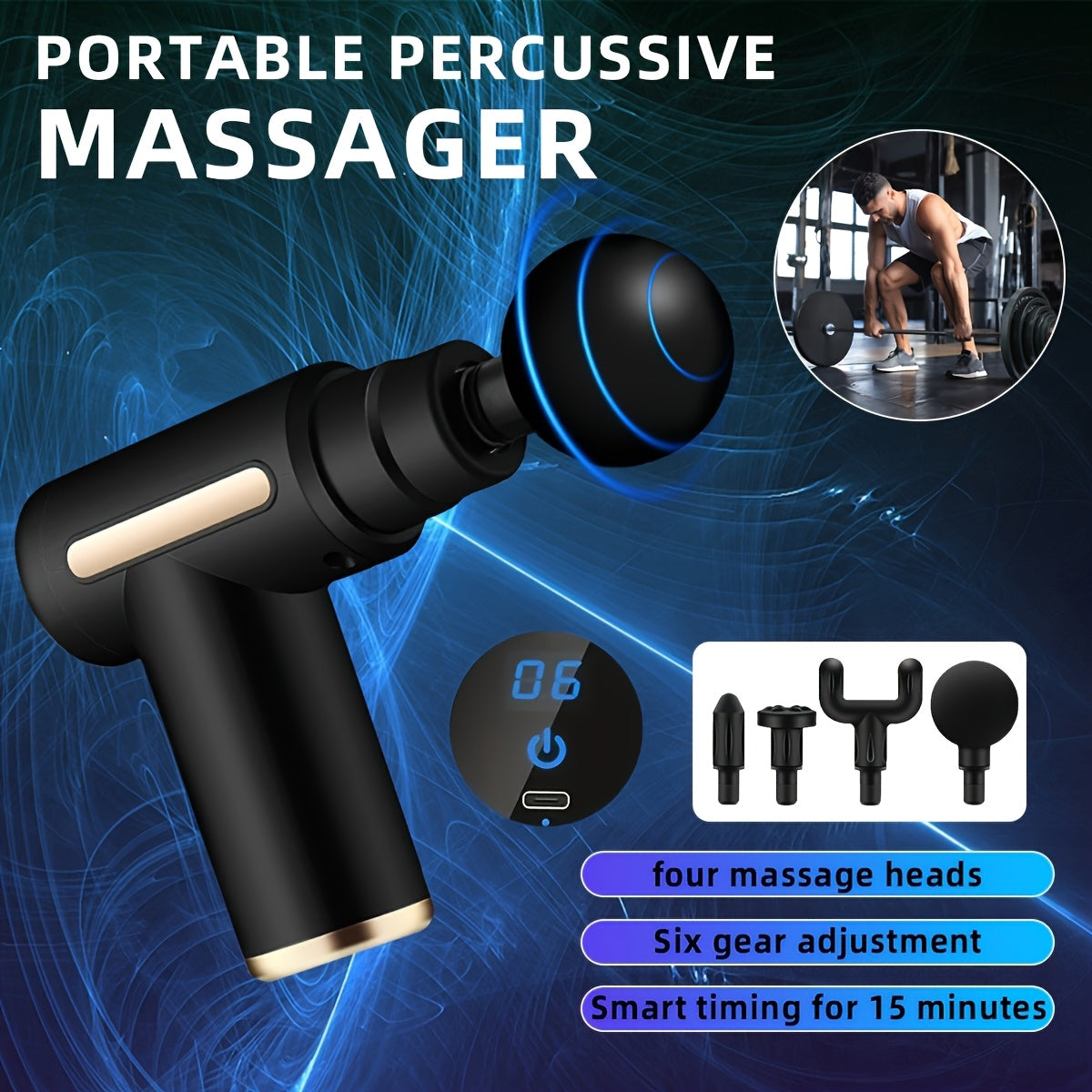 Black**Portable Deep Tissue Massager | 6-Speed & 4 Heads & 15-Min Timer｜Professional Muscle Recovery, Anytime Anywhere**