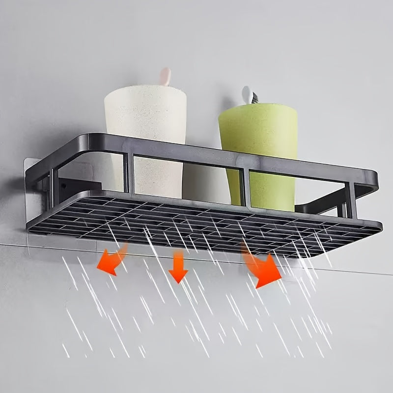 Black Wall-Mounted Storage Shelf - Heavy-Duty Plastic, No-Drill Adhesive Installation, Space-Saving Bathroom and Kitchen Organizer