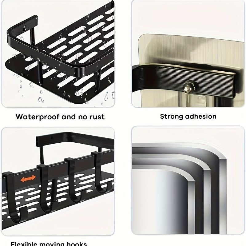 Black Wall-Mounted Storage Shelf - Heavy-Duty Plastic, No-Drill Adhesive Installation, Space-Saving Bathroom and Kitchen Organizer