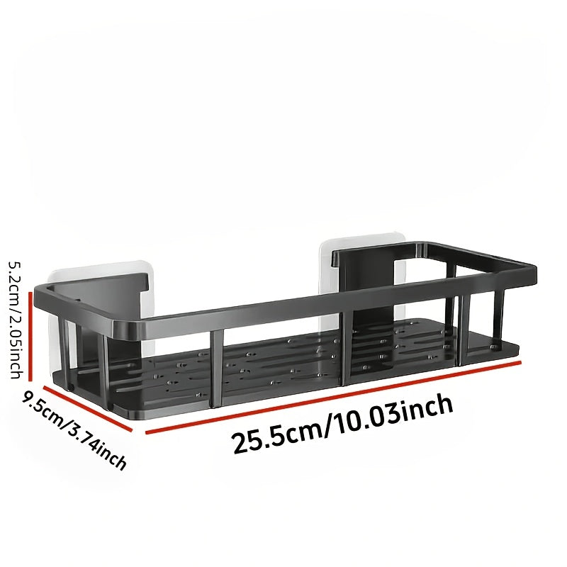 Black Wall-Mounted Storage Shelf - Heavy-Duty Plastic, No-Drill Adhesive Installation, Space-Saving Bathroom and Kitchen Organizer