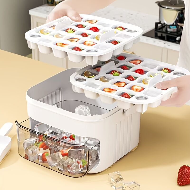 1PC Refrigerator Ice Cube Mold, Manual Press Two-Layer Design, Large Capacity Food-Grade PP Material, Suitable for Refrigerator Ice Making – Essential Kitchen Tool, 50-Cavity Ice Tray with Container, Practical Household Drink Ice Organizer.