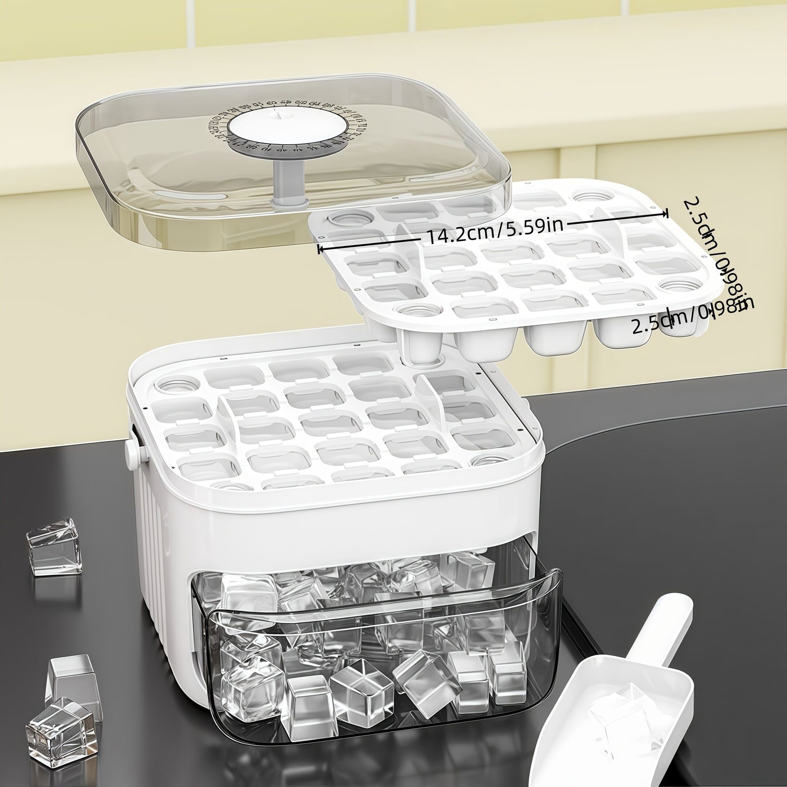 1PC Refrigerator Ice Cube Mold, Manual Press Two-Layer Design, Large Capacity Food-Grade PP Material, Suitable for Refrigerator Ice Making – Essential Kitchen Tool, 50-Cavity Ice Tray with Container, Practical Household Drink Ice Organizer.