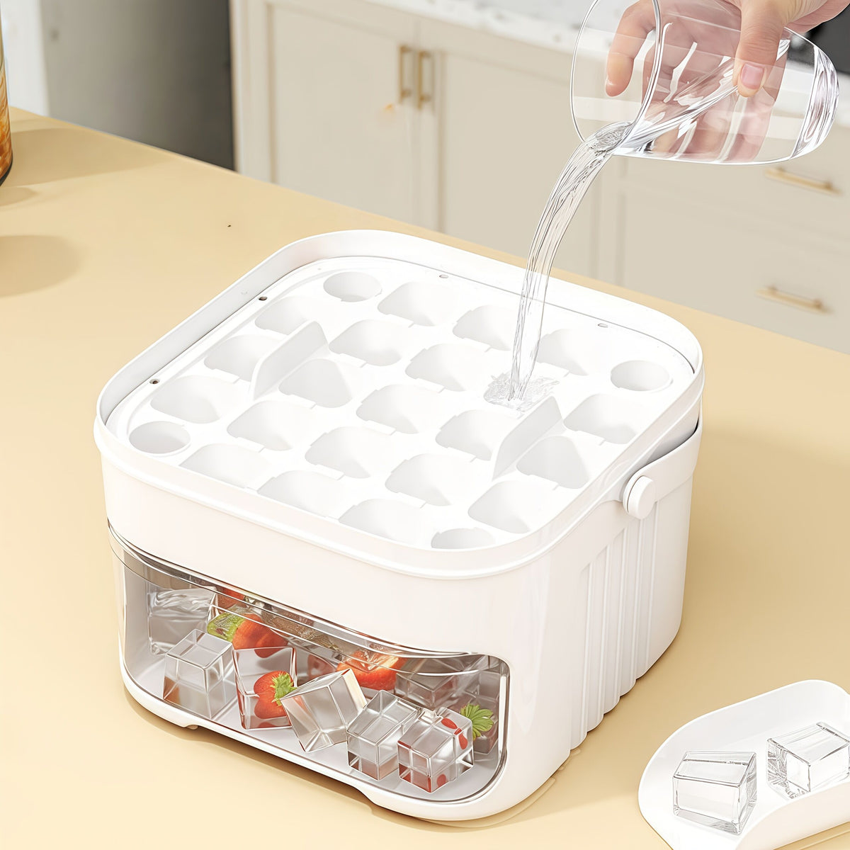 1PC Refrigerator Ice Cube Mold, Manual Press Two-Layer Design, Large Capacity Food-Grade PP Material, Suitable for Refrigerator Ice Making – Essential Kitchen Tool, 50-Cavity Ice Tray with Container, Practical Household Drink Ice Organizer.