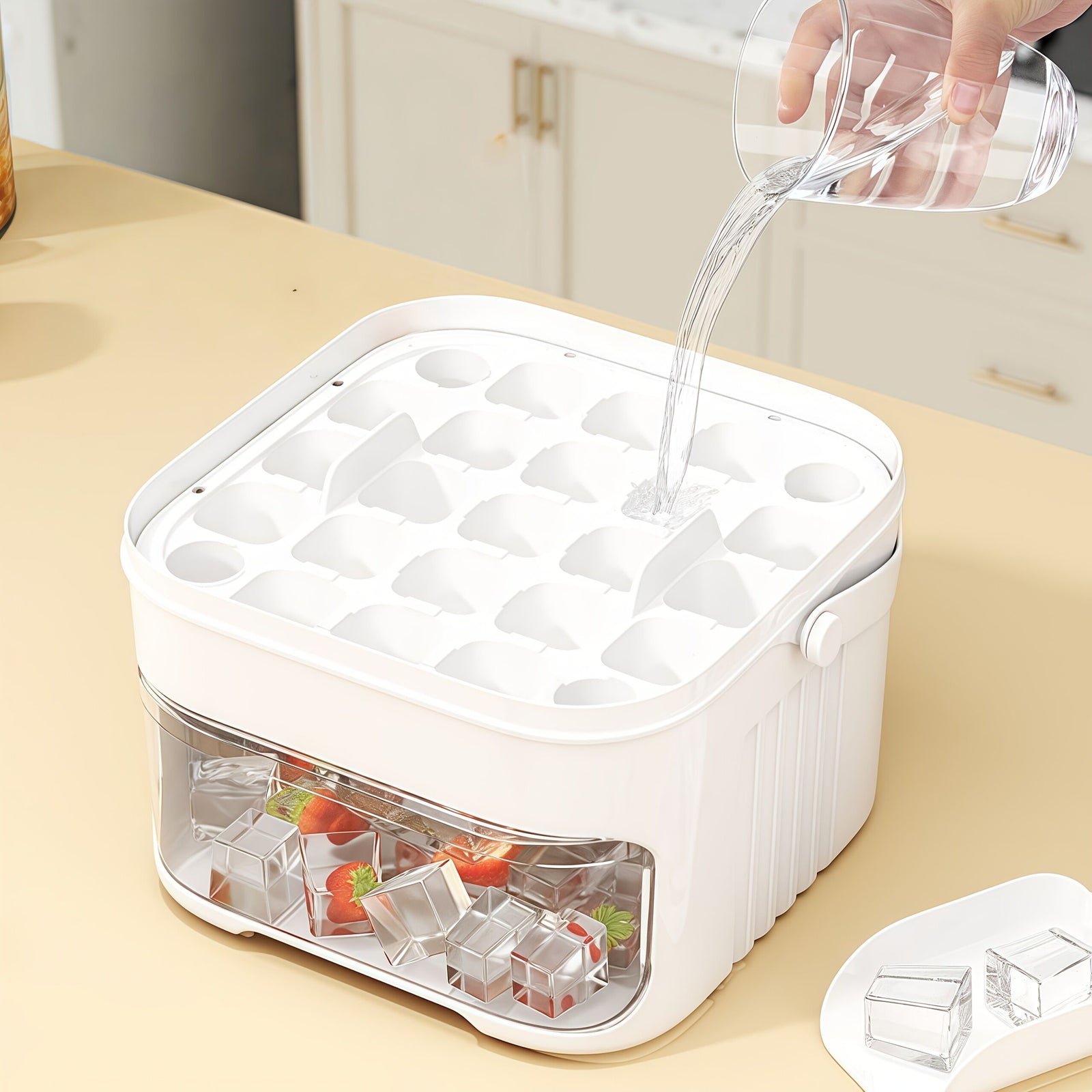 1PC Refrigerator Ice Cube Mold, Manual Press Two-Layer Design, Large Capacity Food-Grade PP Material, Suitable for Refrigerator Ice Making – Essential Kitchen Tool, 50-Cavity Ice Tray with Container, Practical Household Drink Ice Organizer.
