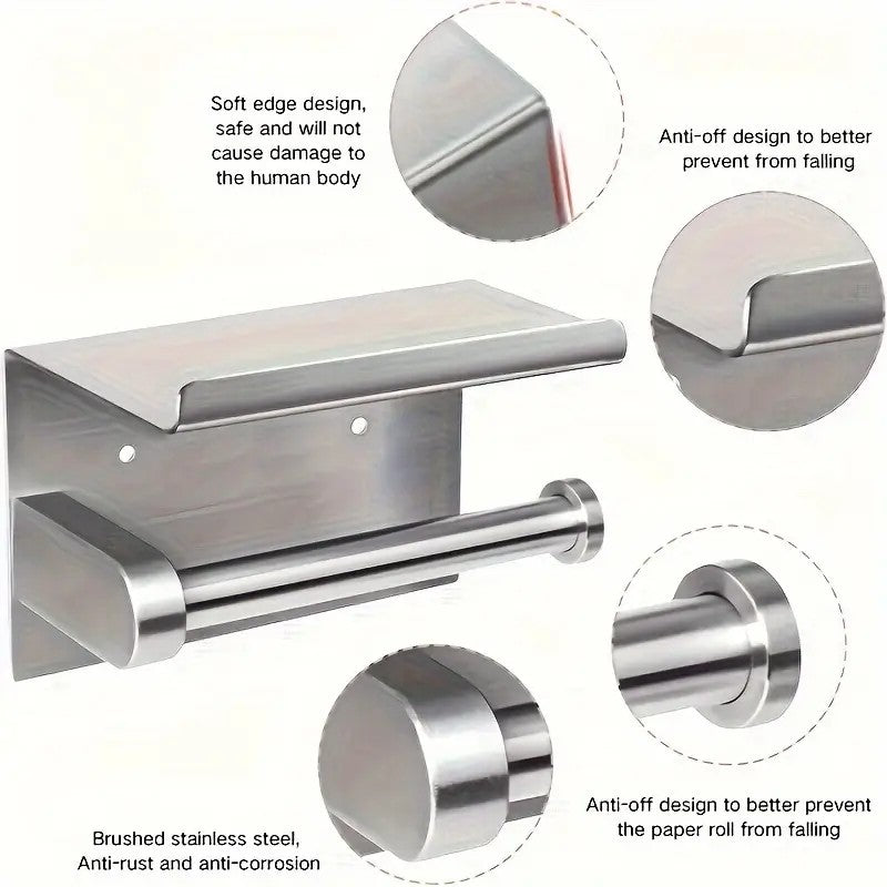 (True color)  1pc Toilet Paper Holder with Shelf, Bathroom Tissue Storage Rack, Wall-Mounted Paper Towel Dispenser, Stainless Steel Bathroom Paper Holder, Bathroom Accessory