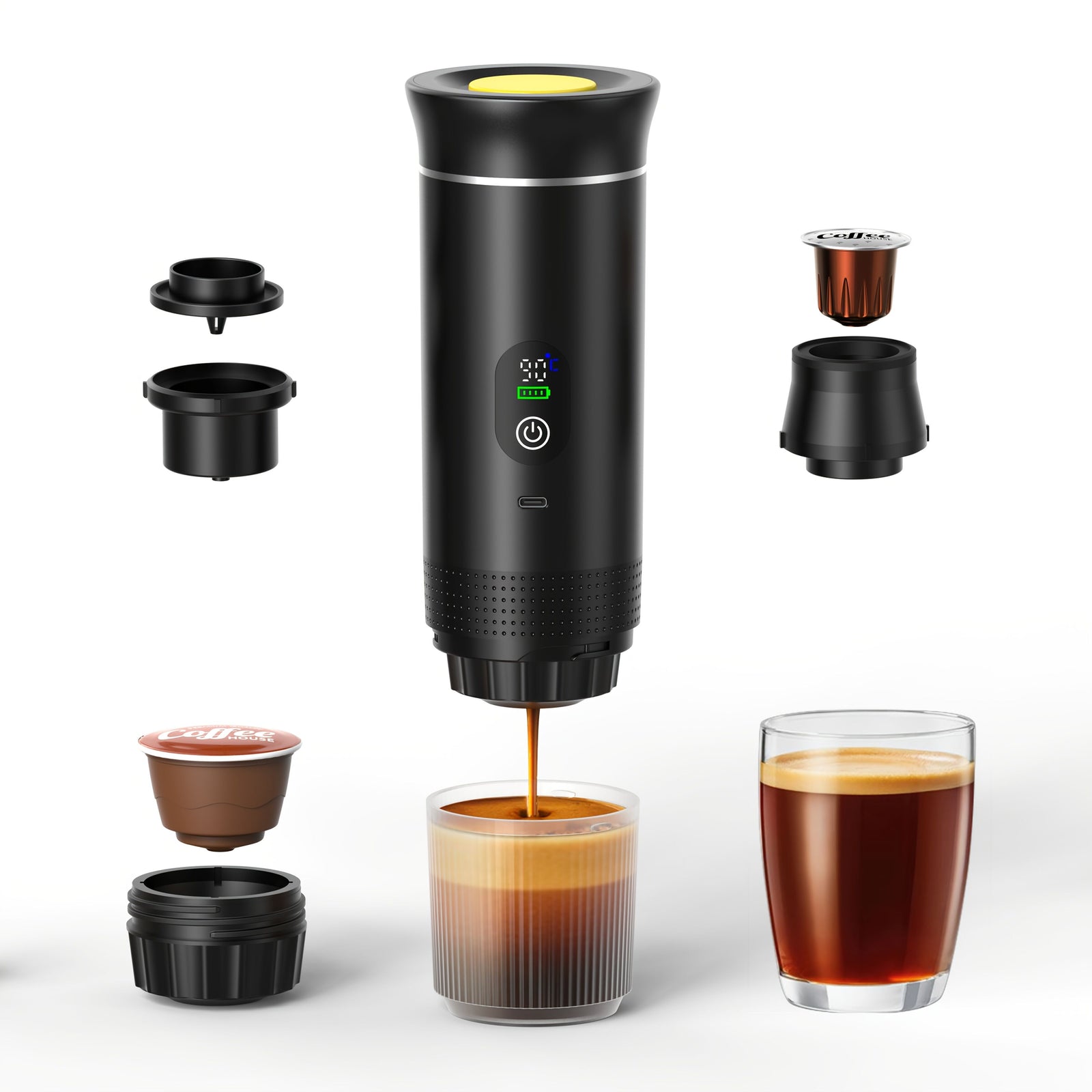 BALCK Upgraded Portable Coffee Maker with Temperature and Power Display, USB-C Charging, Self-Heating & Cold Brew Functions, Compatible with Coffee Capsules/Ground Coffee. Perfect Espresso Machine for Home, Office,