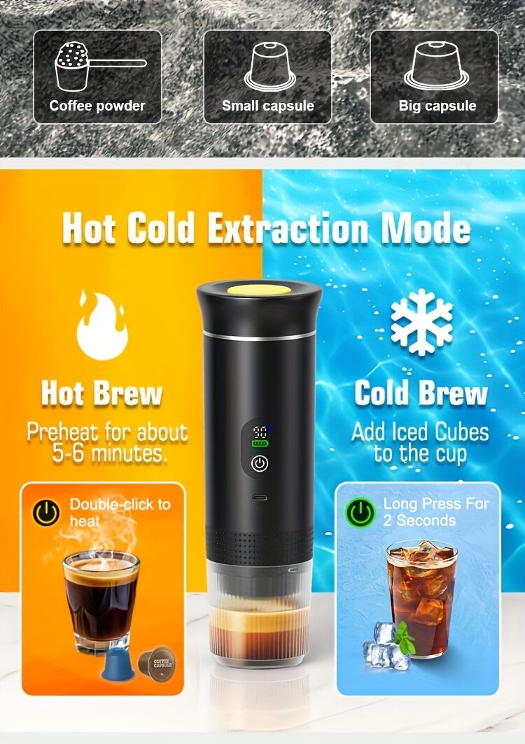 (grey )Upgraded Portable Coffee Maker with Temperature and Power Display, USB-C Charging, Self-Heating & Cold Brew Functions, Compatible with Coffee Capsules/Ground Coffee. Perfect Espresso Machine for Home, Office, Travel, RV, and Camping. Ideal for Offi