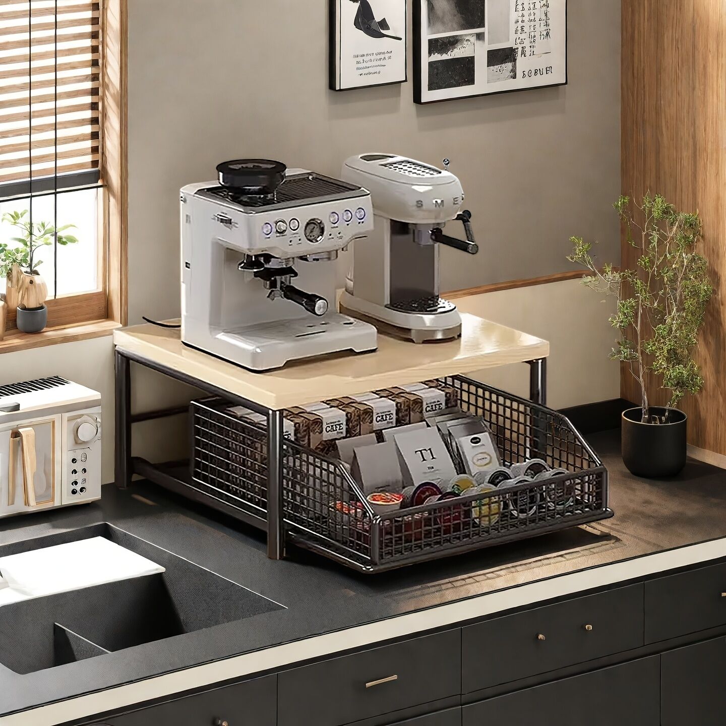 Modern Kitchen Microwave Shelf with Drawer: Sturdy and solid structure, designed to save counter space for storing appliances, utensils, dishes, and household items. Minimalist design suitable for 1000+ scenarios, chosen by 1000 households, WHITE